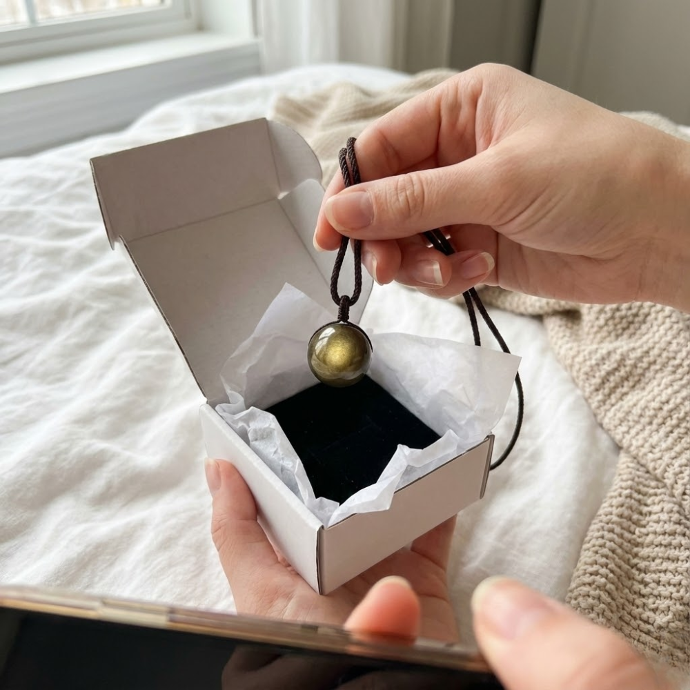 GlowShield guldobsidian levereras i en vacker presentförpackning, perfekt som andlig gåva