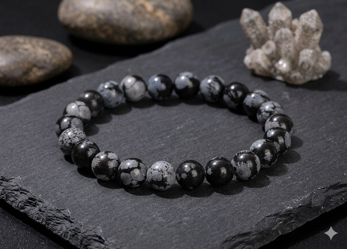 Närbild på GlowBreak snowflake armband – svart obsidian med snöflingeliknande mönster