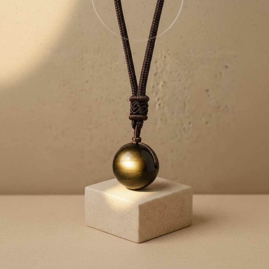 GlowShield guldobsidian halsband på en stensockel med ett vackert gyllene skimmer som symboliserar inre lugn och beskydd.