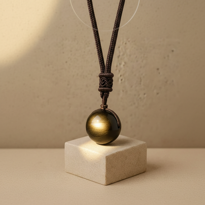 GlowShield guldobsidian halsband på en stensockel med ett vackert gyllene skimmer som symboliserar inre lugn och beskydd.
